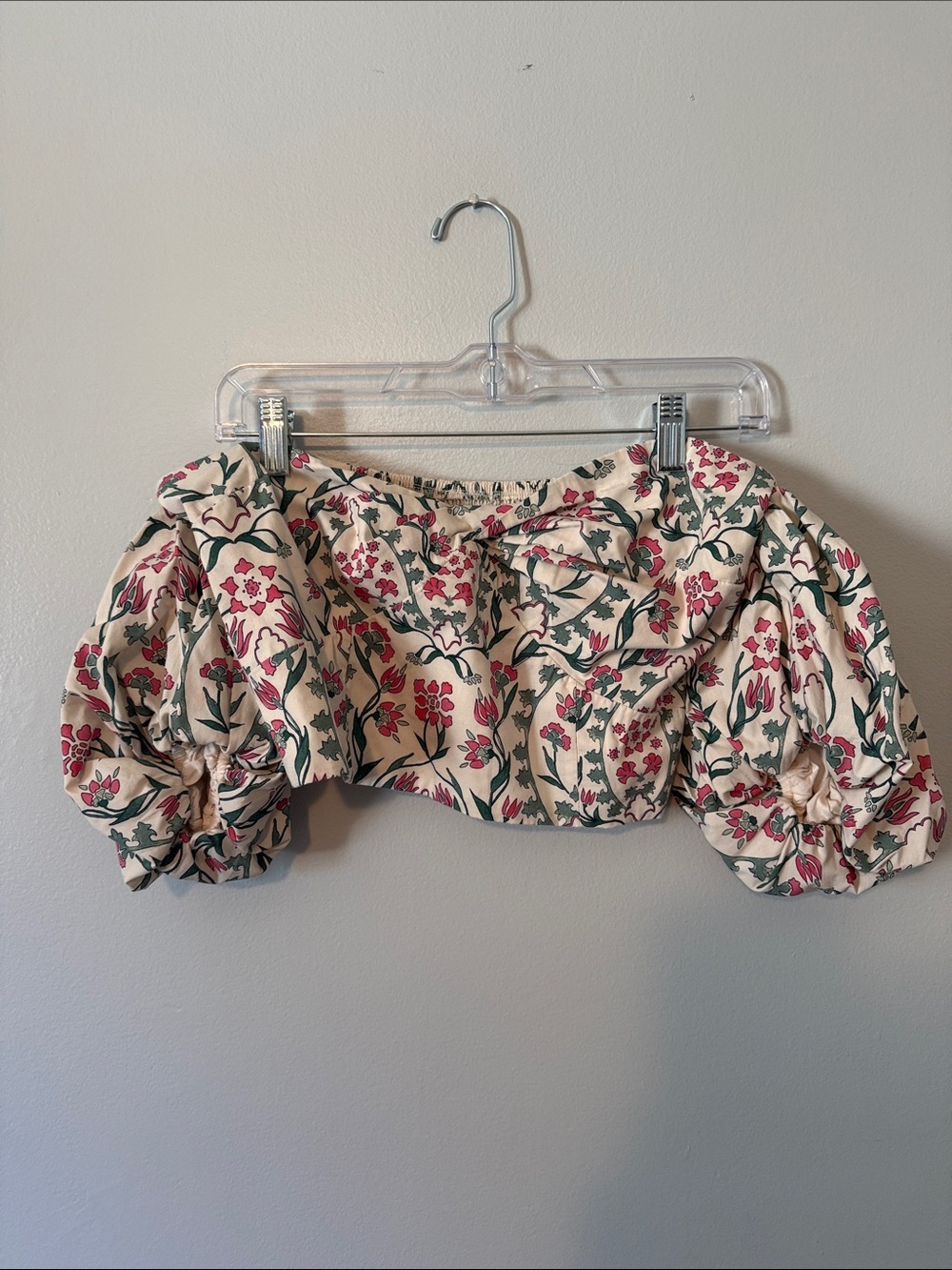Floral Puff Sleeve Off Shoulder Crop Top - Cream with Pink & Green
